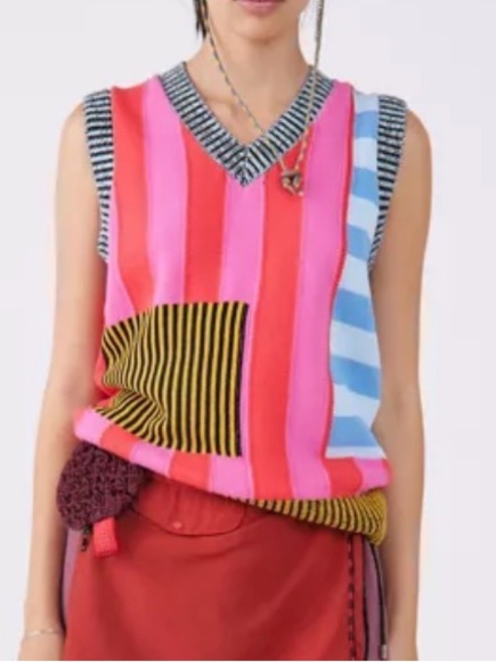 KKCO Mixed Media Sweater Knit Vest in Pink, Red, Yellow & Blue